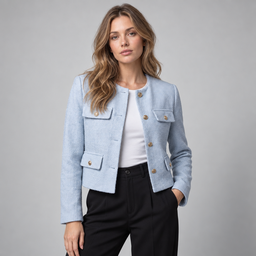 Cropped Tweed Blazer – Collarless Gold-Button Jacket