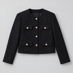 Cropped Tweed Blazer – Collarless Gold-Button Jacket