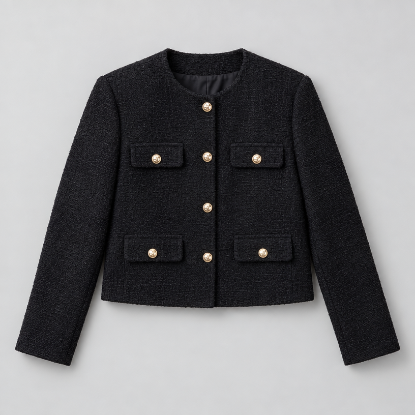 Cropped Tweed Blazer – Collarless Gold-Button Jacket