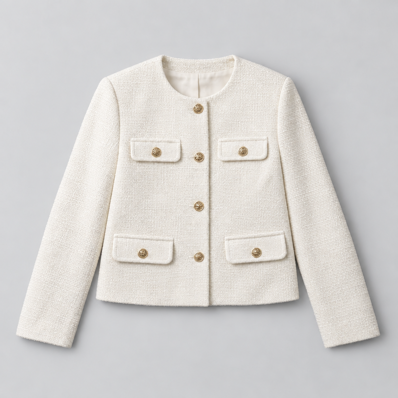 Cropped Tweed Blazer – Collarless Gold-Button Jacket