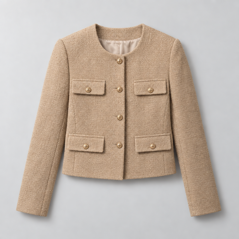 Cropped Tweed Blazer – Collarless Gold-Button Jacket