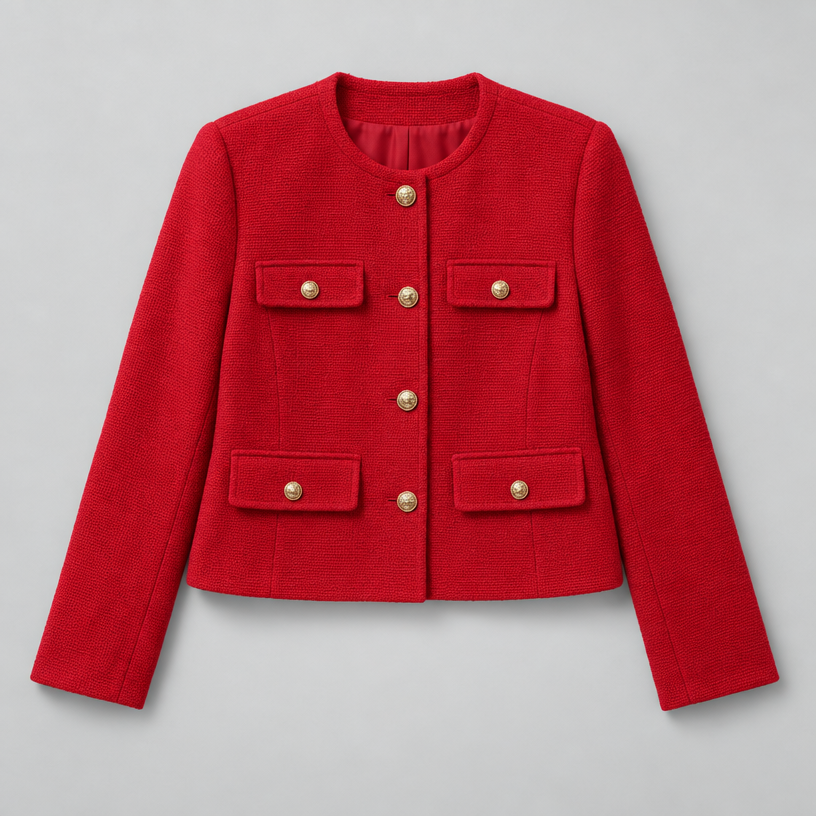 Cropped Tweed Blazer – Collarless Gold-Button Jacket
