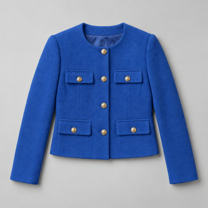 Cropped Tweed Blazer – Collarless Gold-Button Jacket