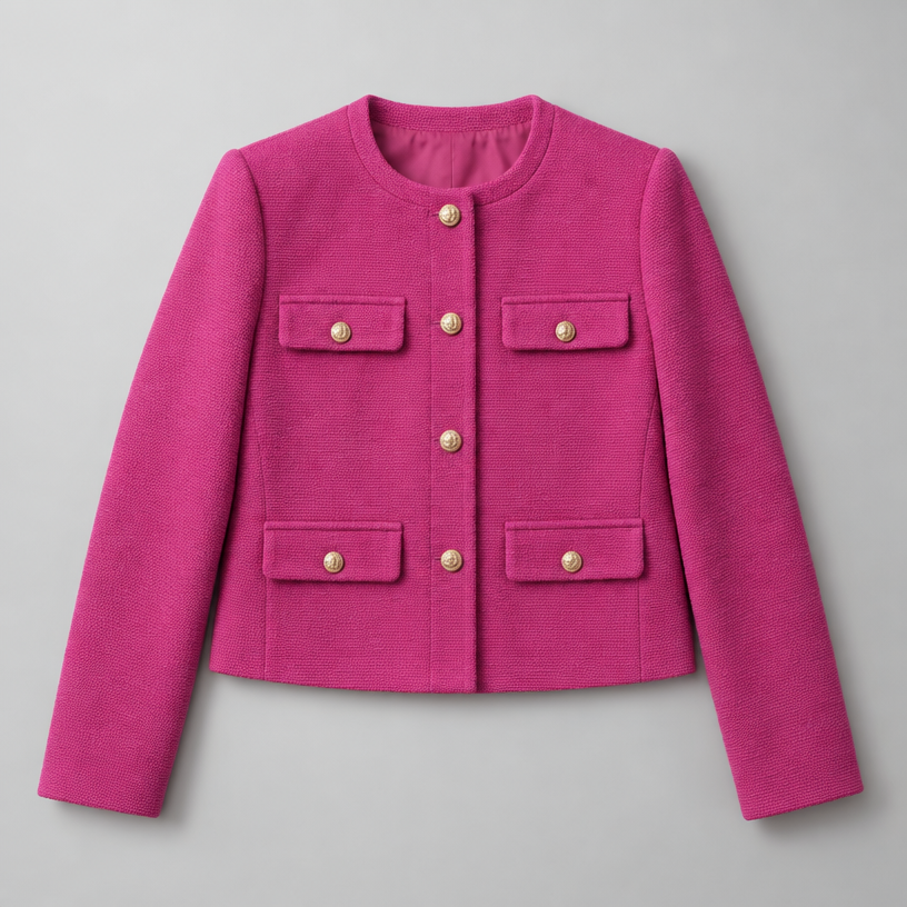 Cropped Tweed Blazer – Collarless Gold-Button Jacket