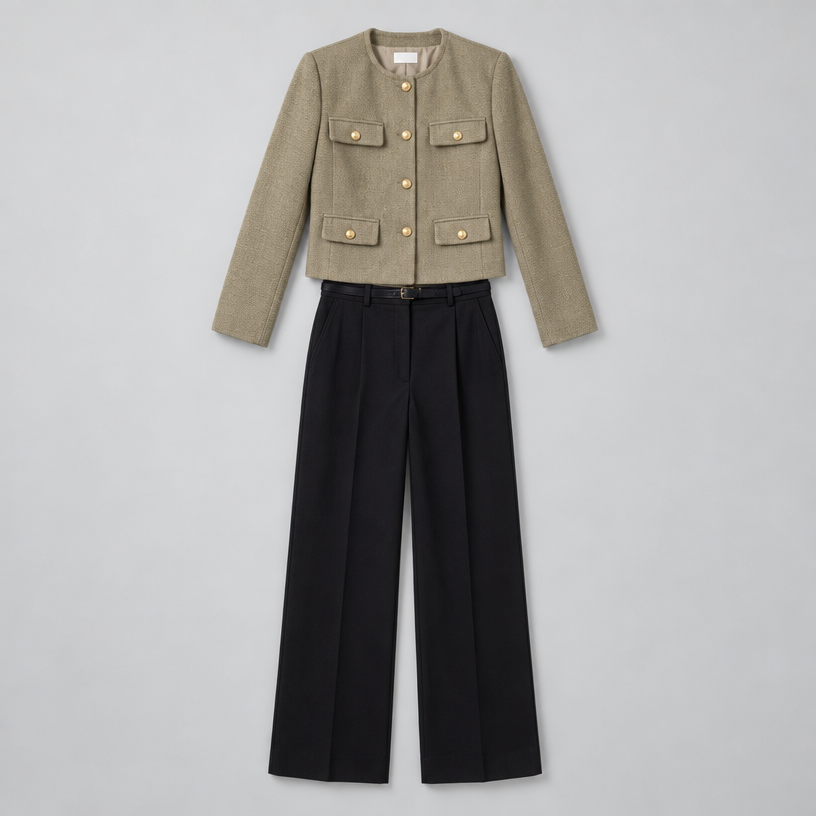 Cropped Tweed Blazer – Collarless Gold-Button Jacket