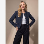 Cropped Tweed Blazer – Collarless Gold-Button Jacket